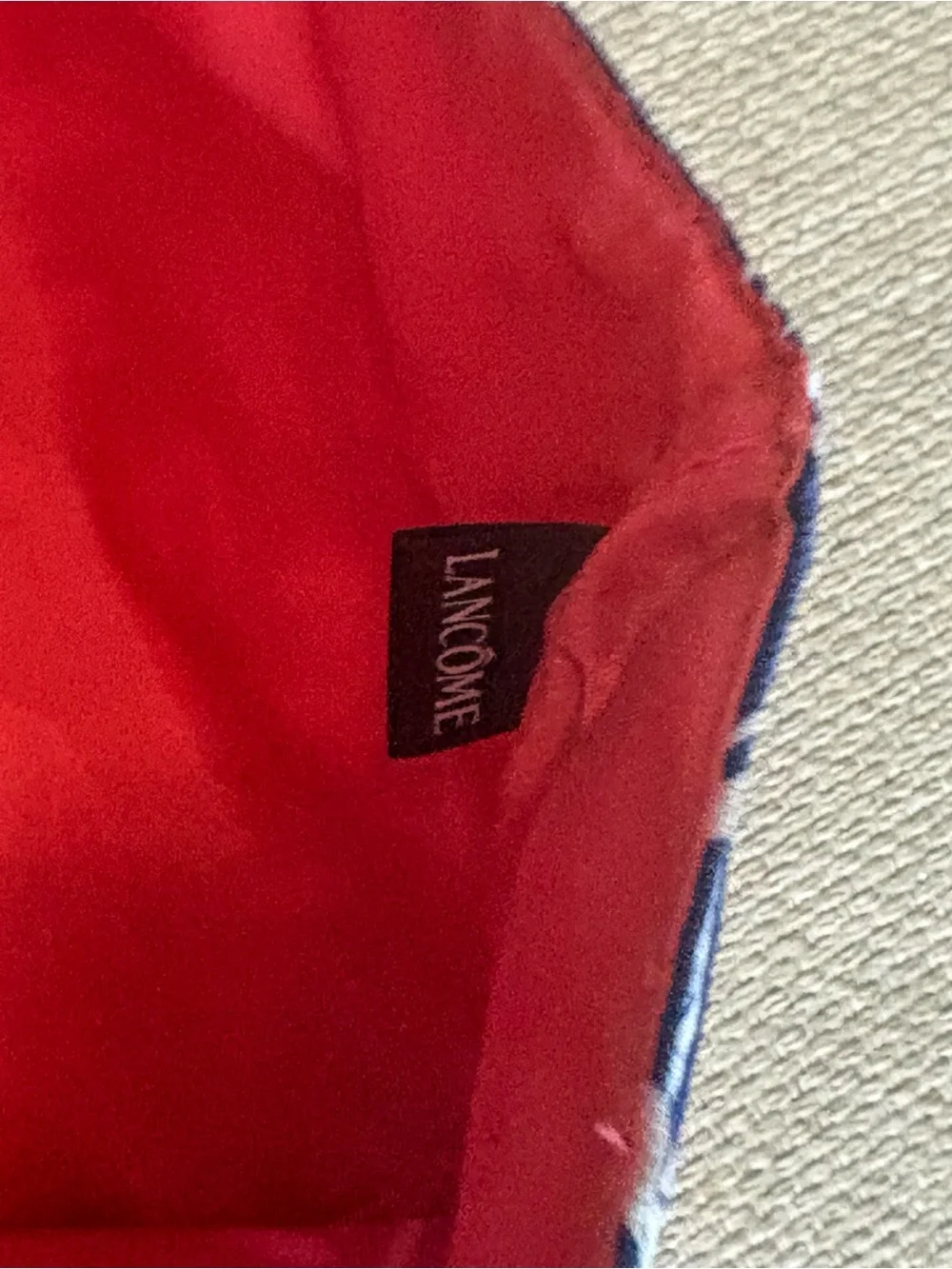 Lancôme Paris Canvas Tote Bag – Blue & White Abstract with Coral Rose Graphic